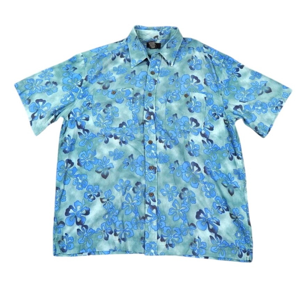 VTG LL Bean Outdoors Hawaiian Camp Shirt Men Large Blue Floral Nylon Gorpcore